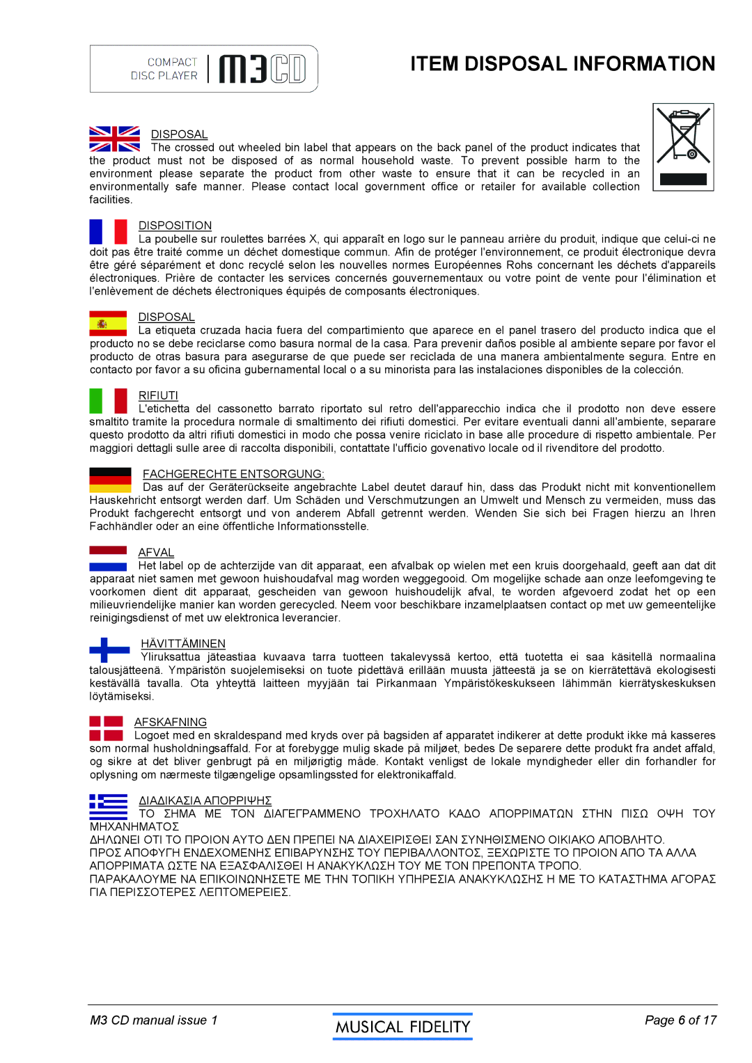 Musical Fidelity M3CD manual Item Disposal Information 