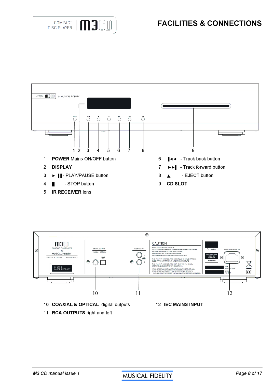 Musical Fidelity M3CD manual Facilities & Connections 