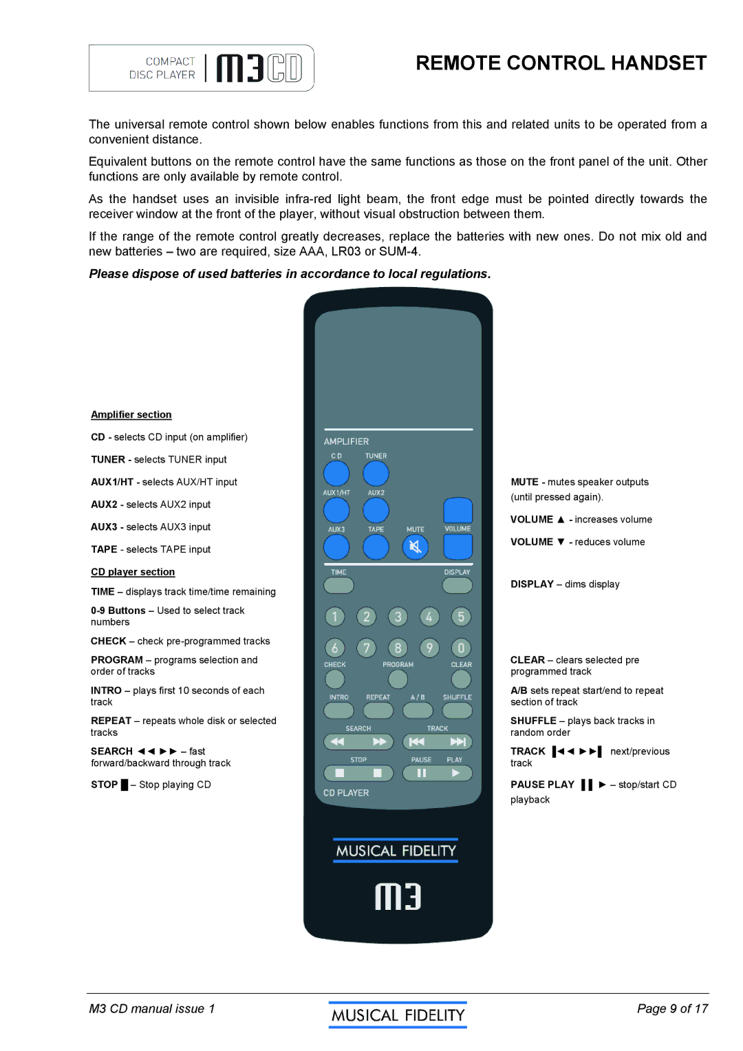 Musical Fidelity M3CD manual Remote Control Handset, Amplifier section 