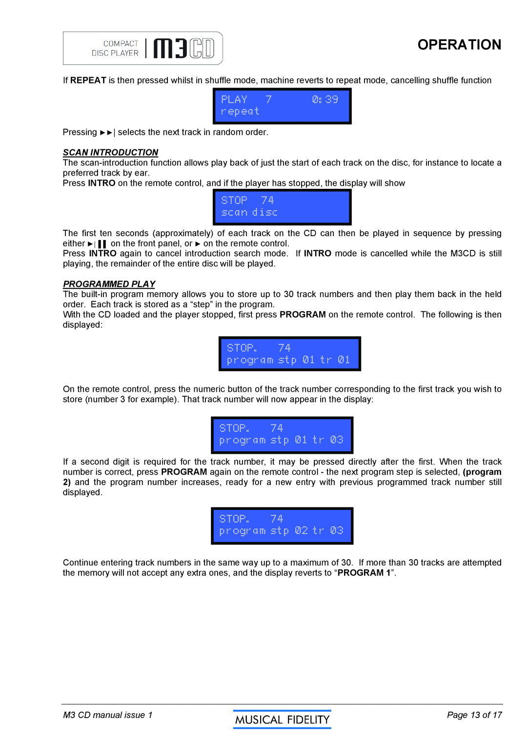 Musical Fidelity M3CD Scan Introduction, Programmed Play, Operation, M3 CD manual issue, Page 13 of 