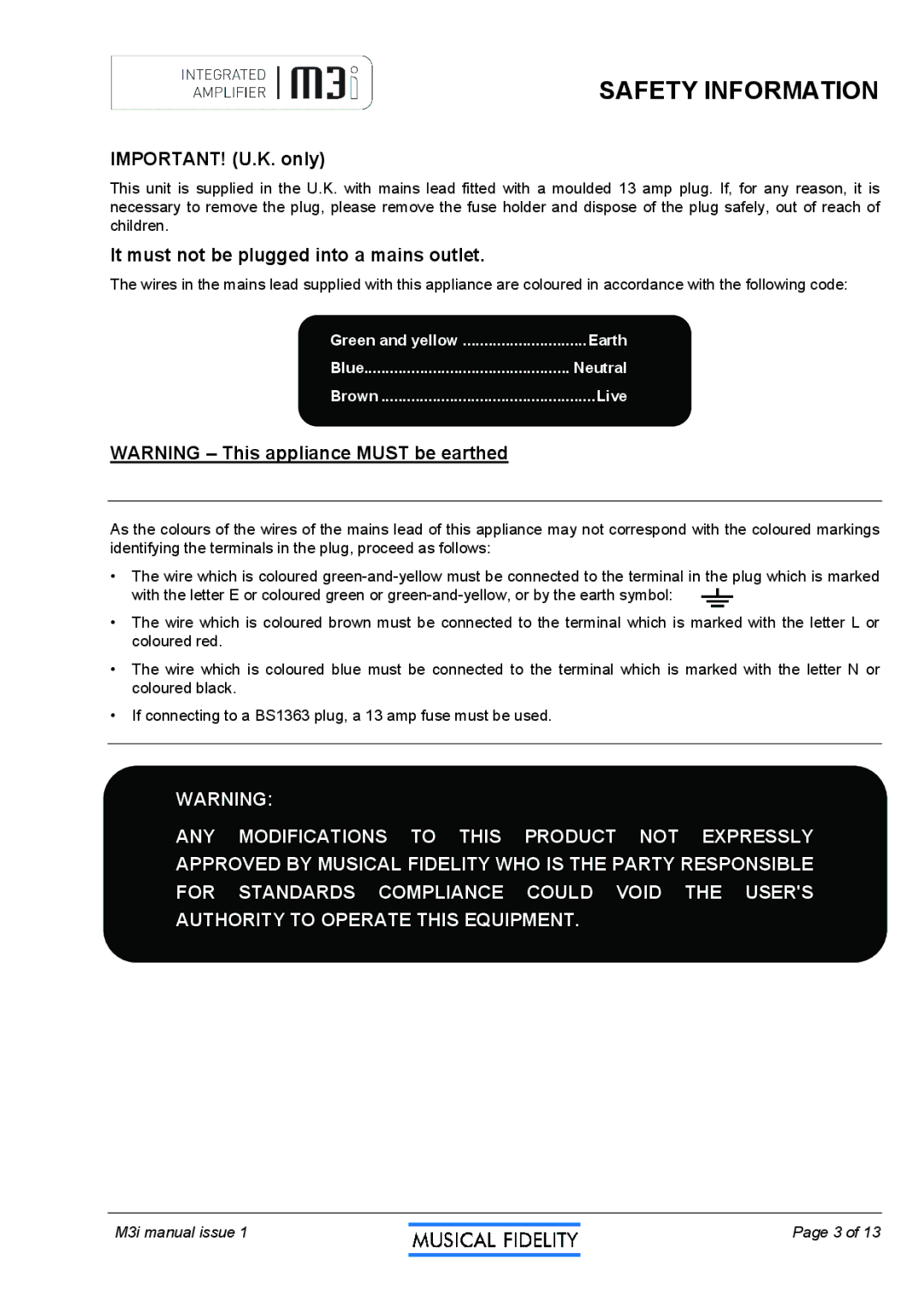 Musical Fidelity M3I manual Safety Information, IMPORTANT! U.K. only, It must not be plugged into a mains outlet 