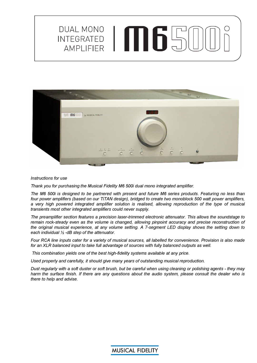 Musical Fidelity M6500I manual 