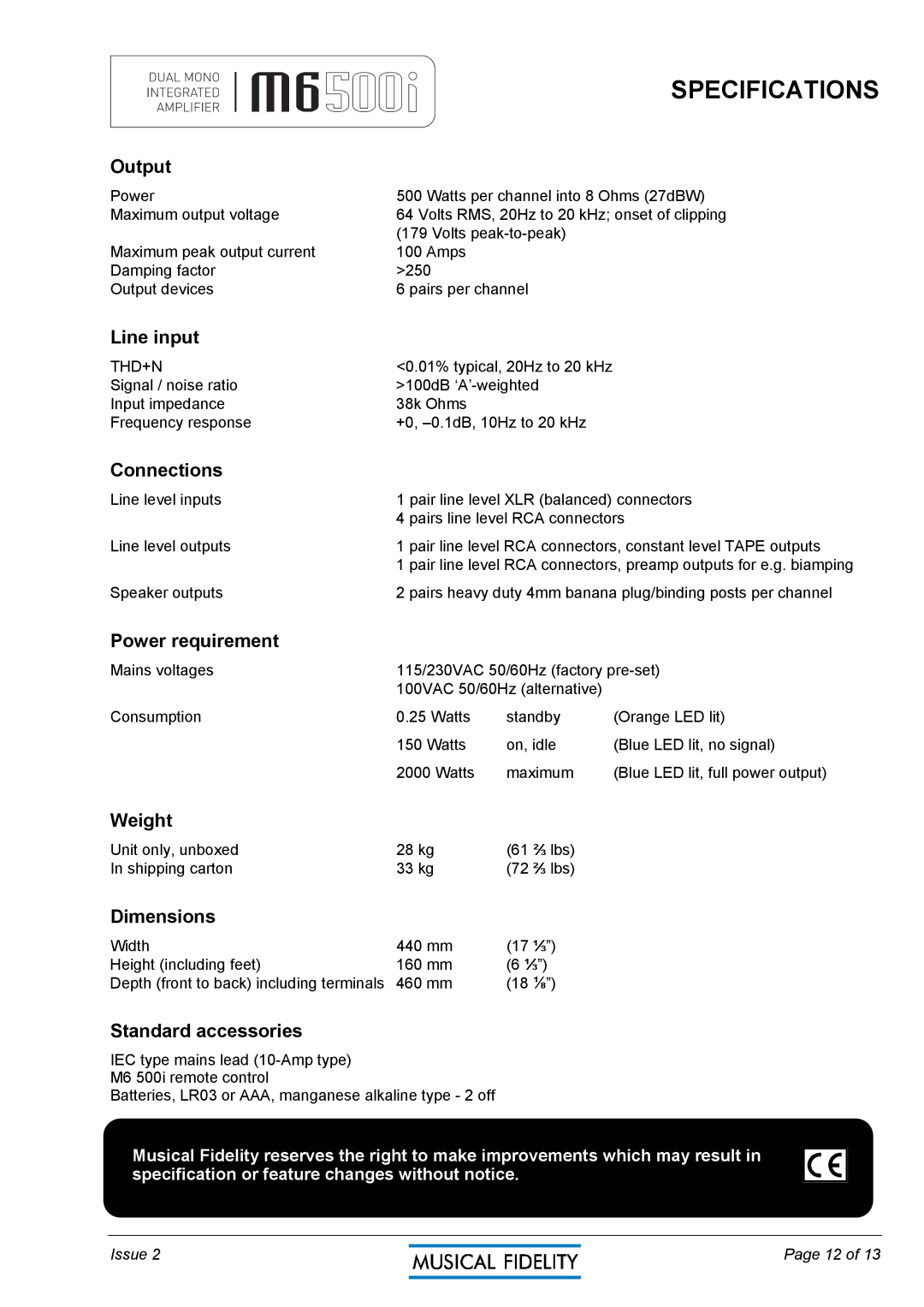 Musical Fidelity M6500I manual Specifications 