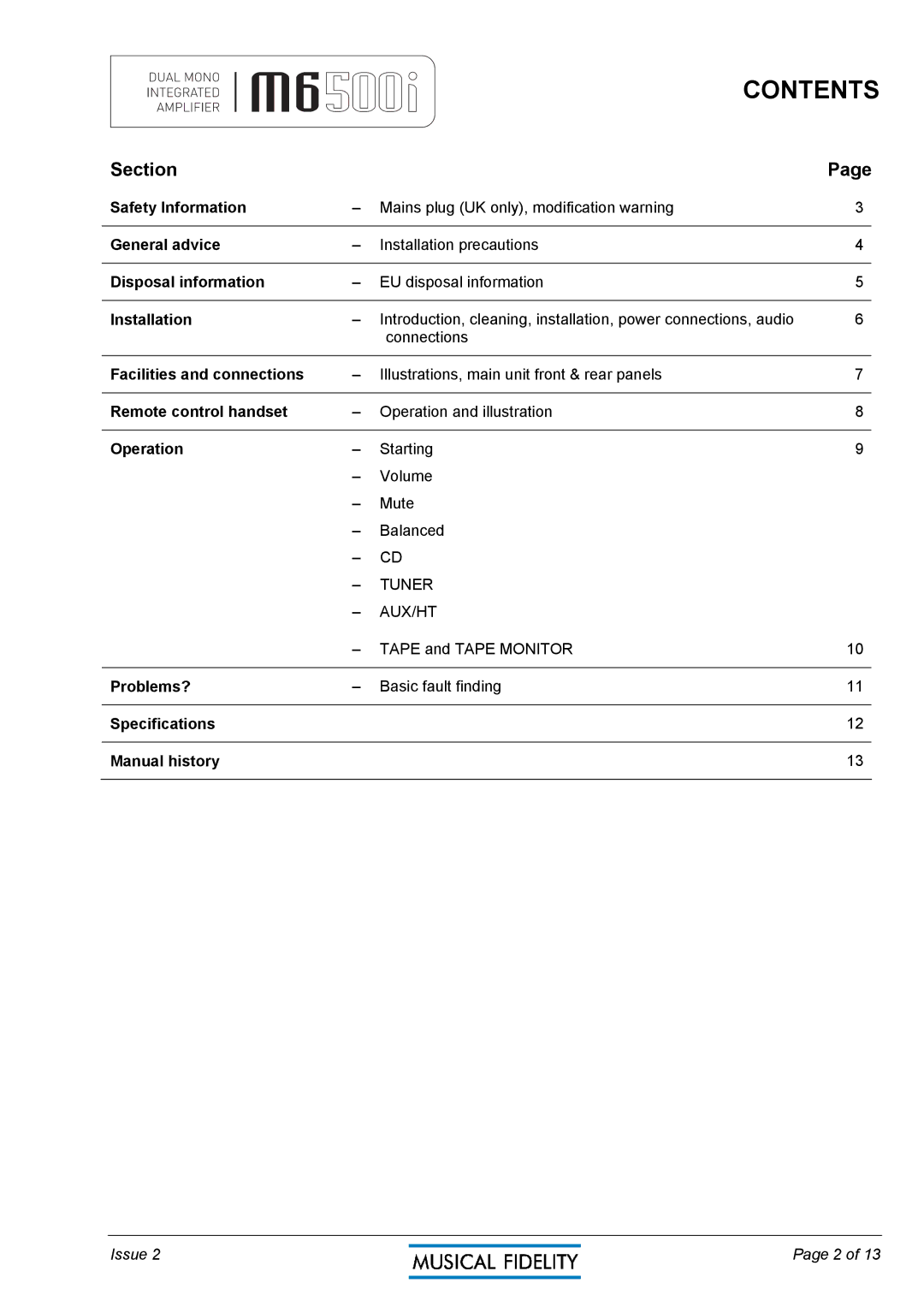 Musical Fidelity M6500I manual Contents 