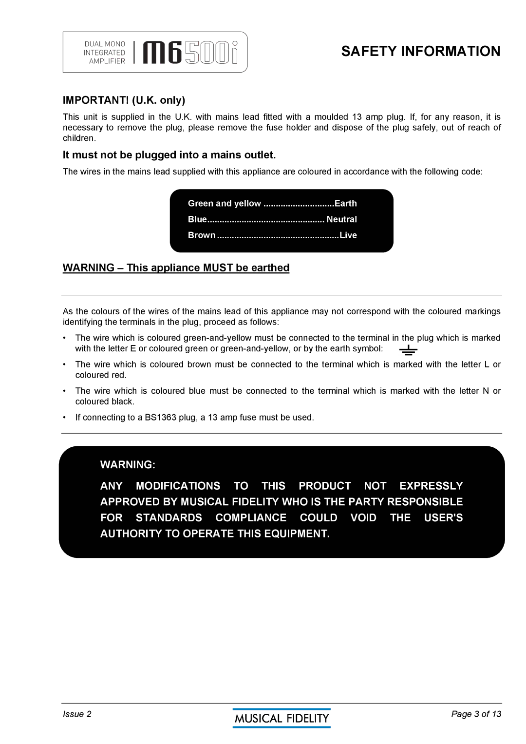 Musical Fidelity M6500I manual Safety Information, IMPORTANT! U.K. only, It must not be plugged into a mains outlet 