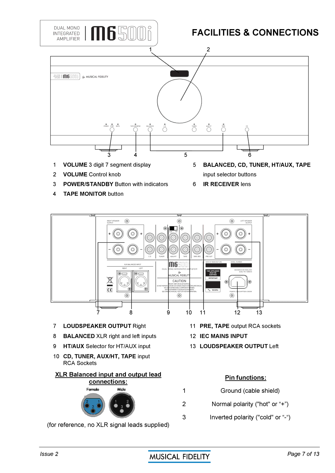 Musical Fidelity M6500I manual Facilities & Connections 