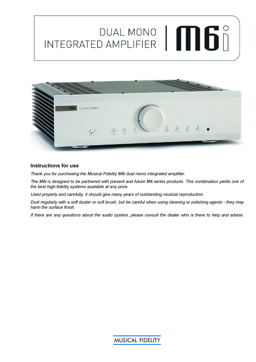 Musical Fidelity M6I manual Instructions for use 