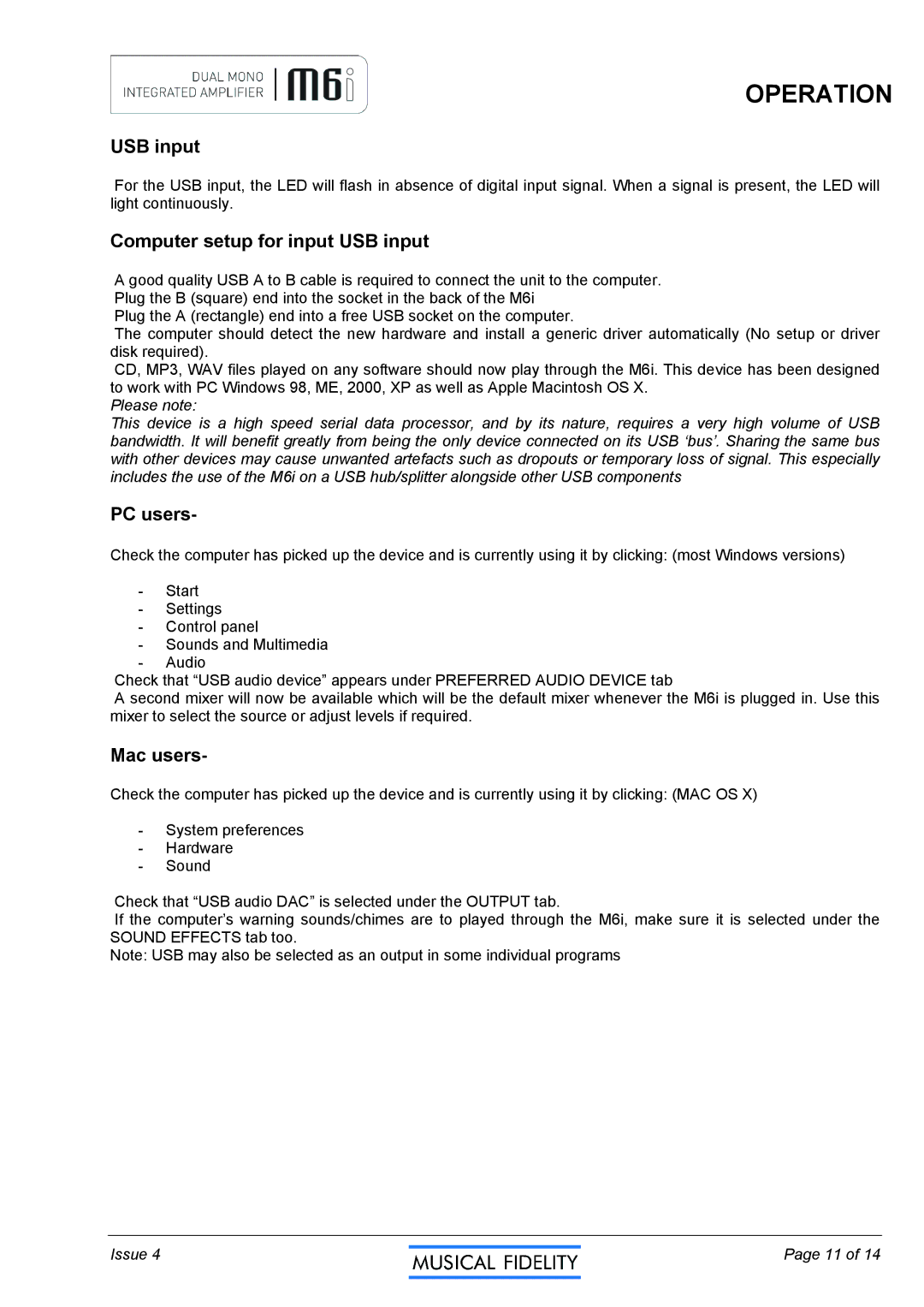 Musical Fidelity M6I manual Computer setup for input USB input, PC users, Mac users 
