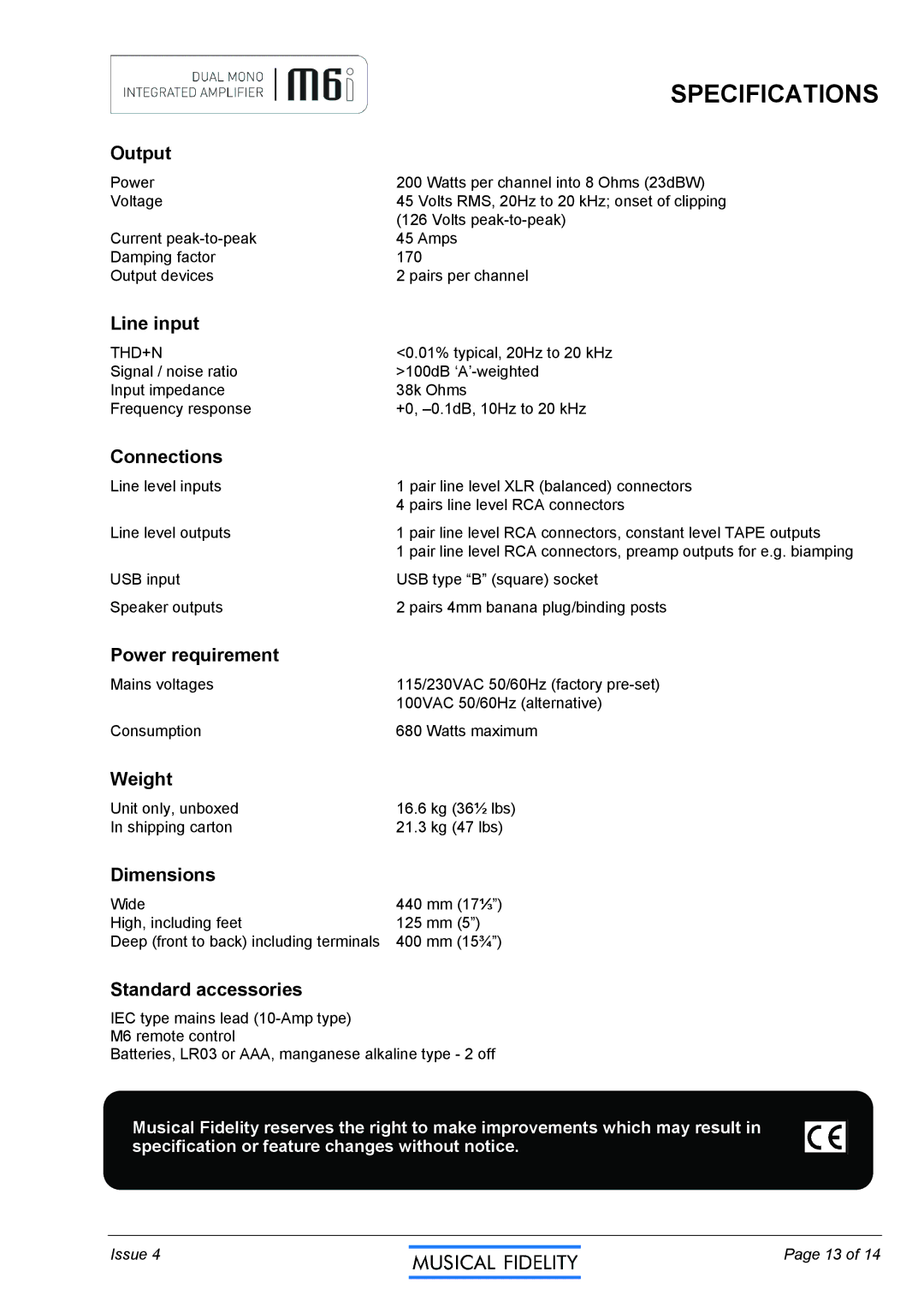 Musical Fidelity M6I manual Specifications 