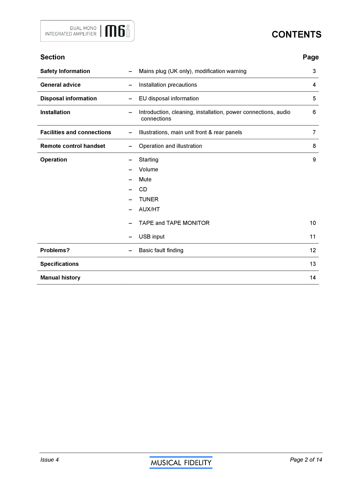 Musical Fidelity M6I manual Contents 