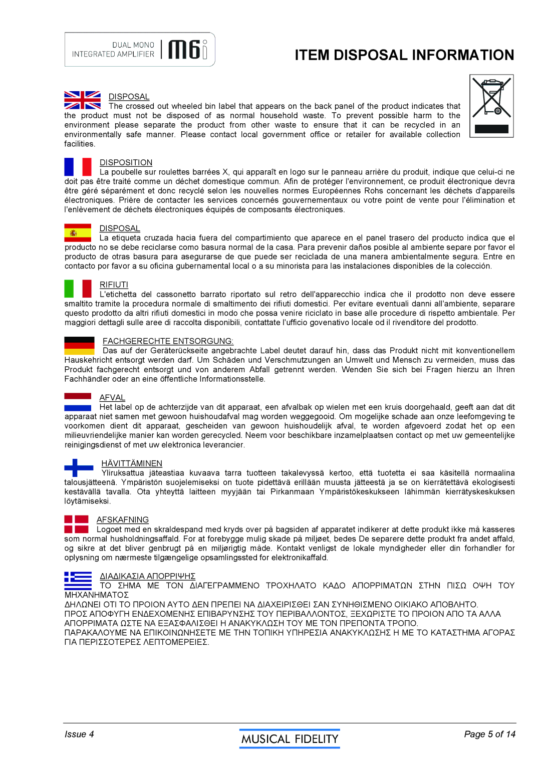 Musical Fidelity M6I manual Item Disposal Information 