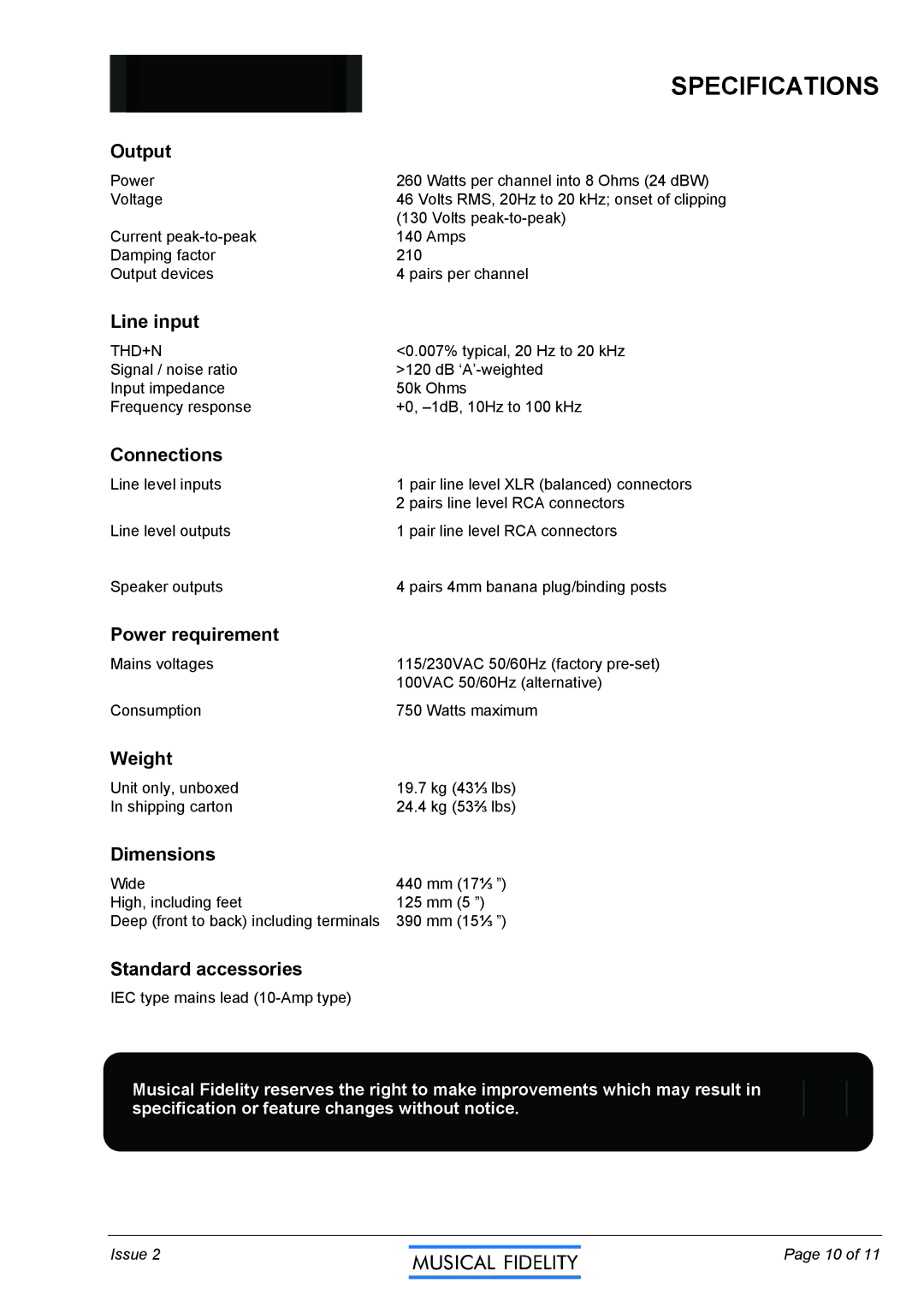 Musical Fidelity M6PRX manual Specifications 