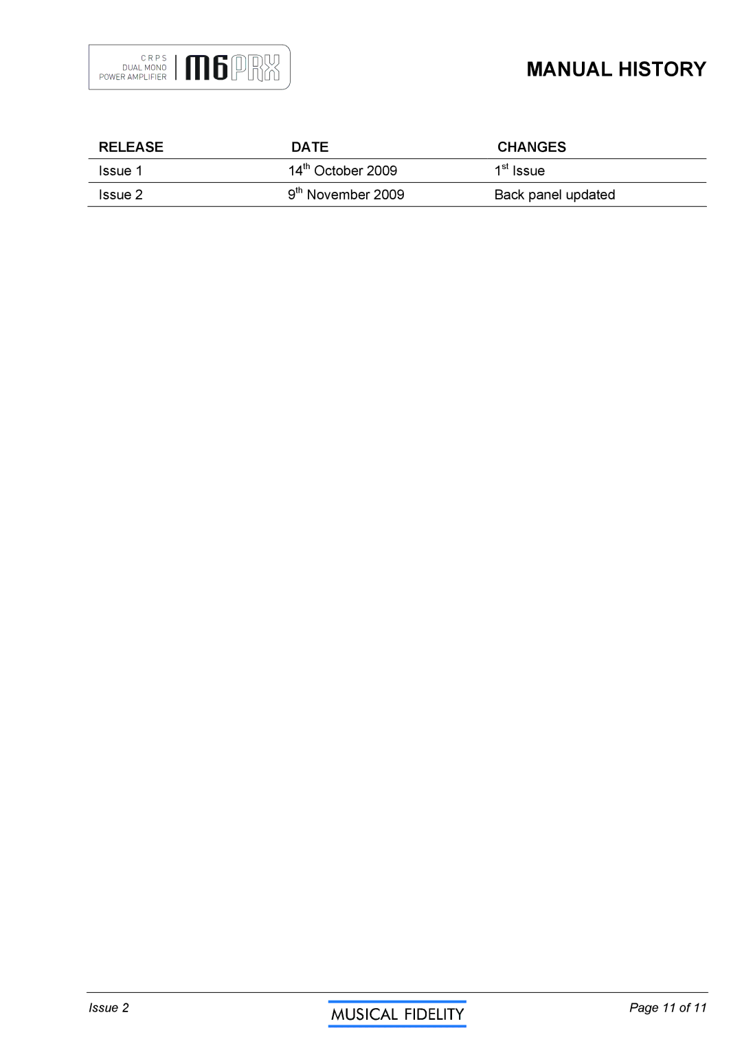 Musical Fidelity M6PRX manual Manual History 