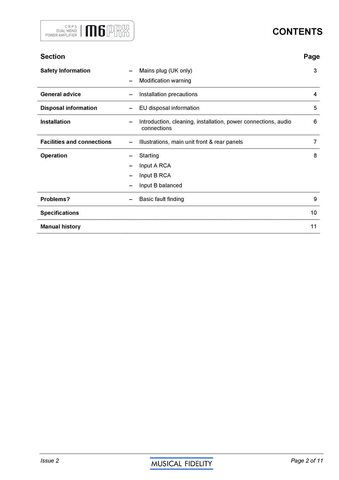 Musical Fidelity M6PRX manual Contents 