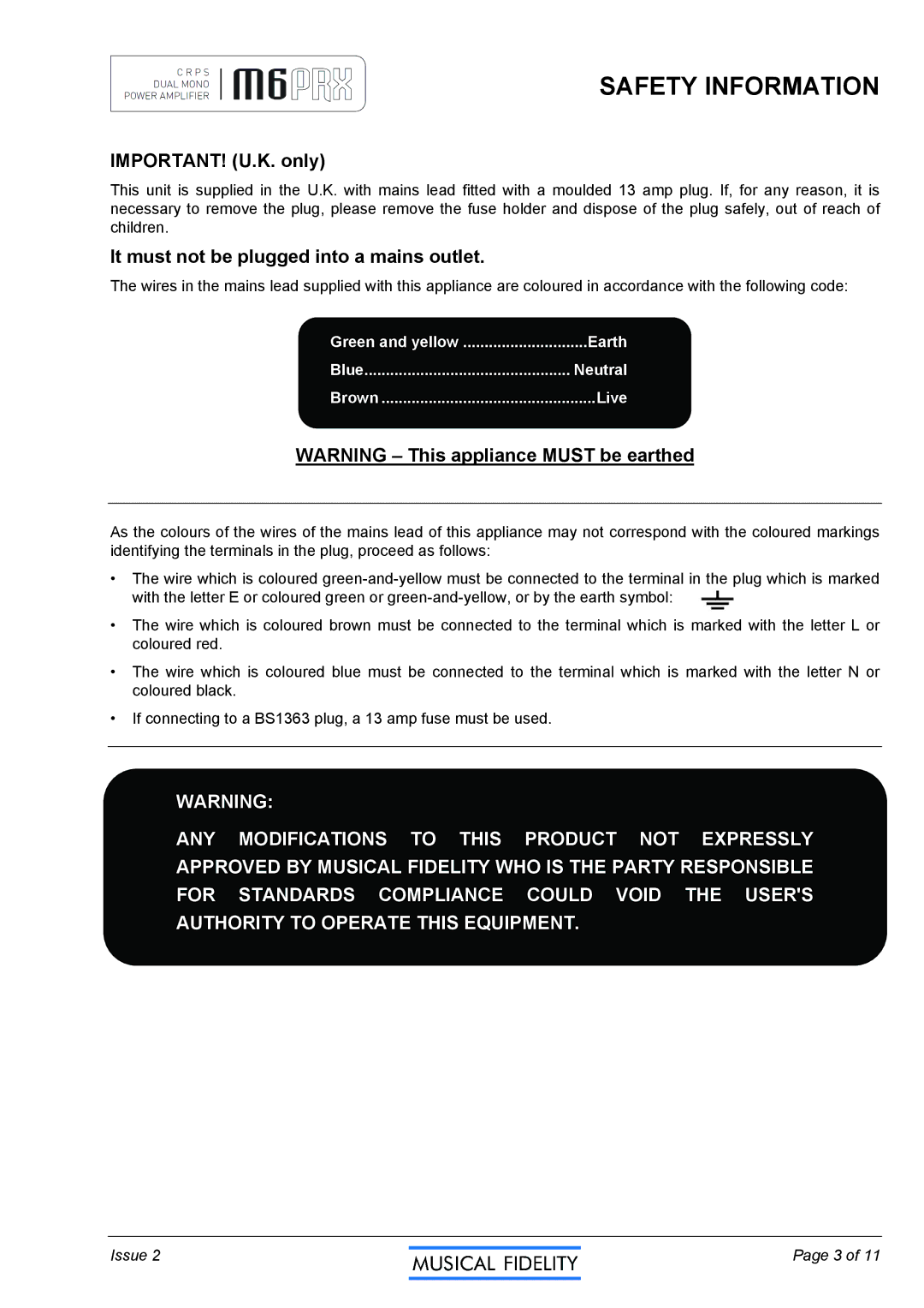 Musical Fidelity M6PRX manual Safety Information, IMPORTANT! U.K. only, It must not be plugged into a mains outlet 