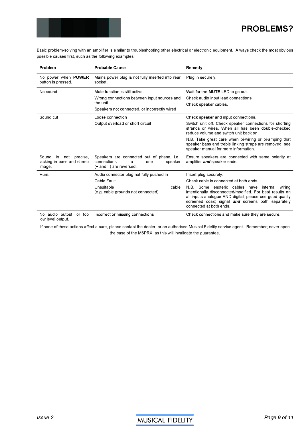 Musical Fidelity M6PRX manual Problems?, Power 