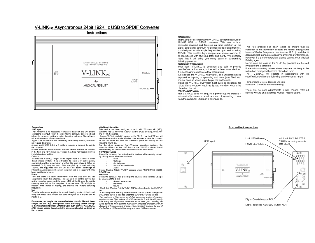 Musical Fidelity V-LINK192 specifications Introduction, Installation Precautions, Power Supply Note 