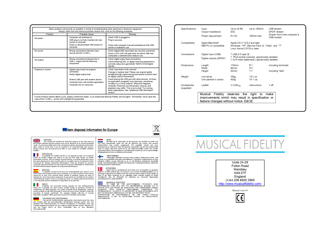 Musical Fidelity V-LINK192 specifications Power requirement, Instructions Off Supplied 