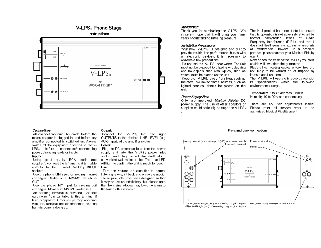 Musical Fidelity V-LPSII specifications Introduction, Installation Precautions, Power Supply Note, Connections 