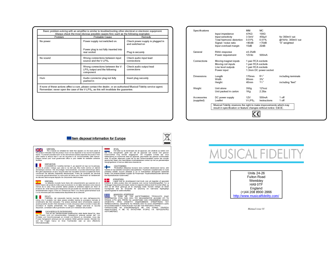 Musical Fidelity V-LPSII specifications Item disposal information for Europe 