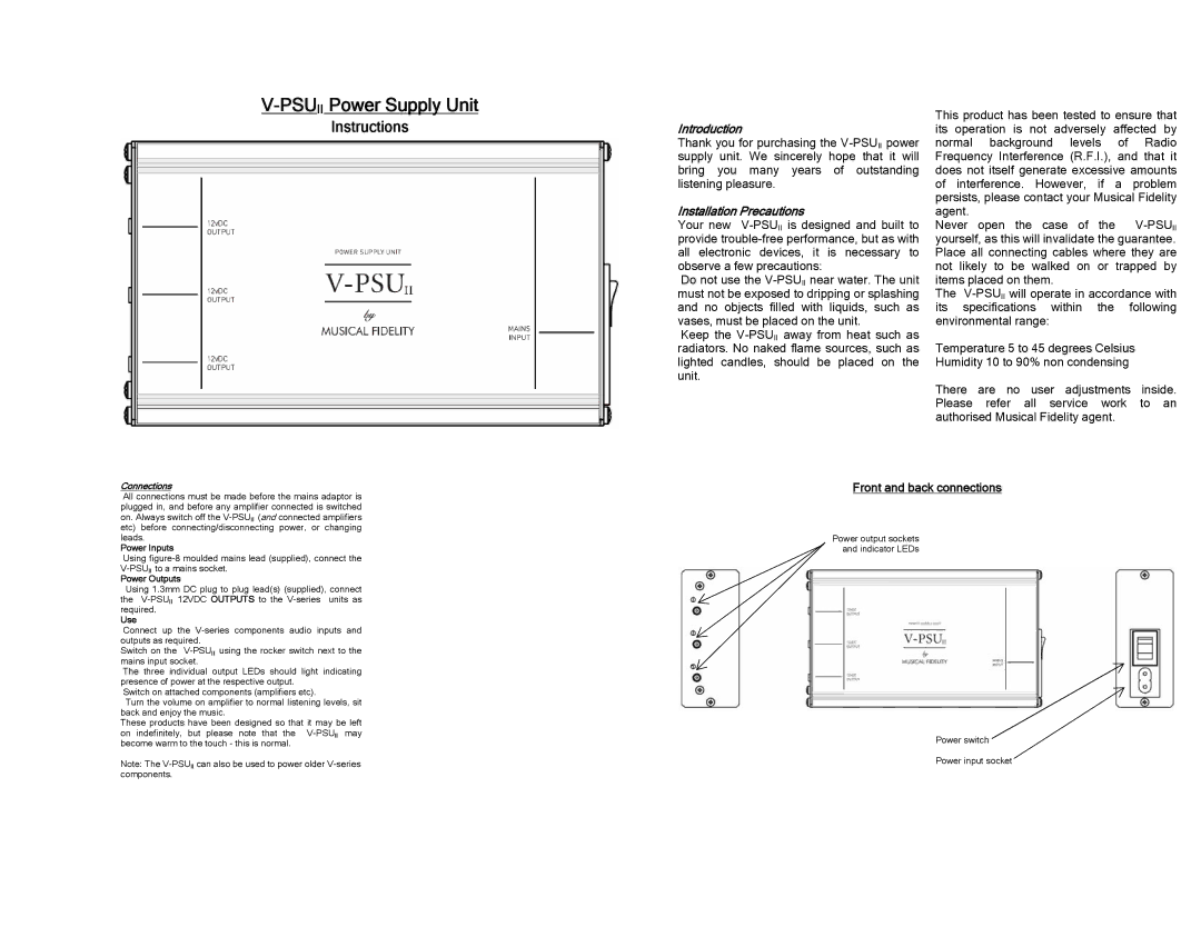 Musical Fidelity V-PSUII specifications Introduction, Installation Precautions, Front and back connections, Connections 