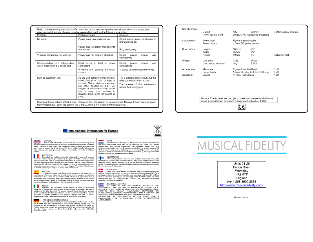 Musical Fidelity V-PSUII specifications Item disposal information for Europe, Source 