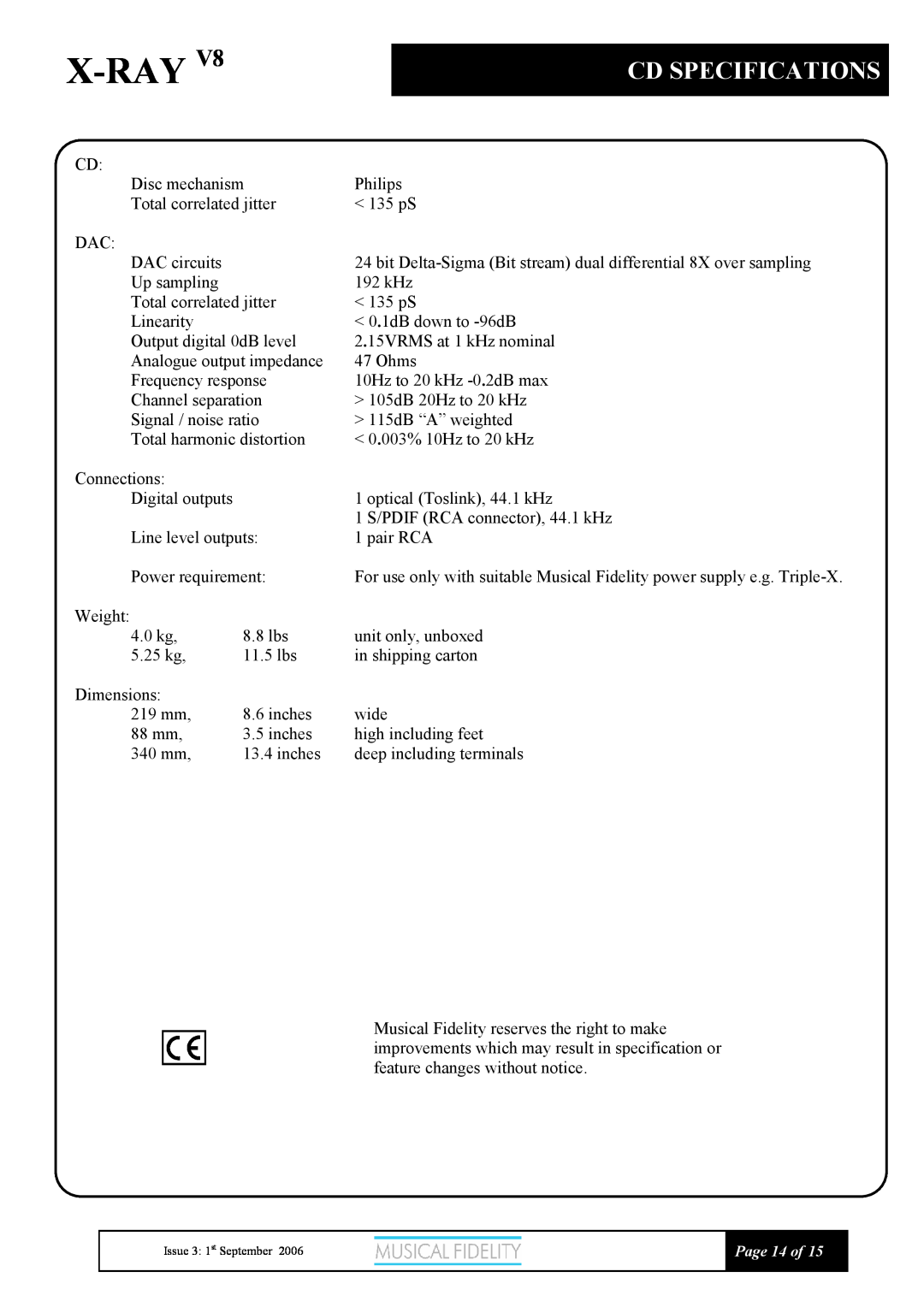 Musical Fidelity V8 manual Cd Specifications, X-Ray 