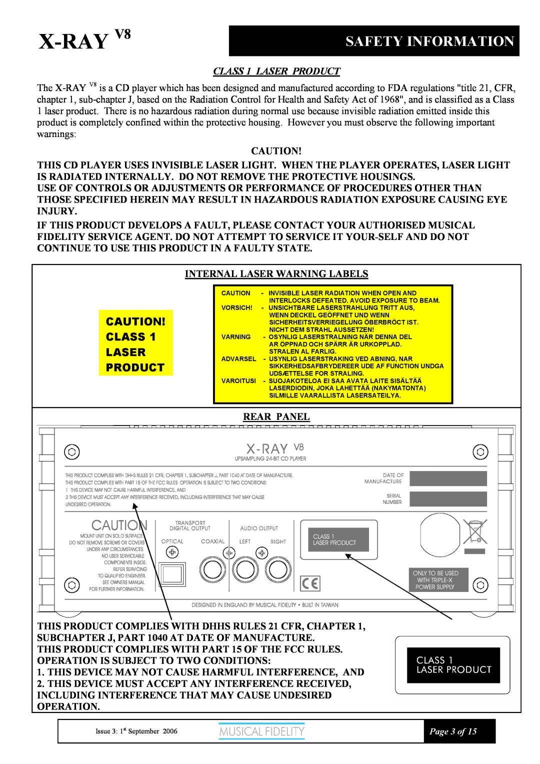 Musical Fidelity V8 manual Safety Information, X-Ray, CAUTION! CLASS 1 LASER PRODUCT 