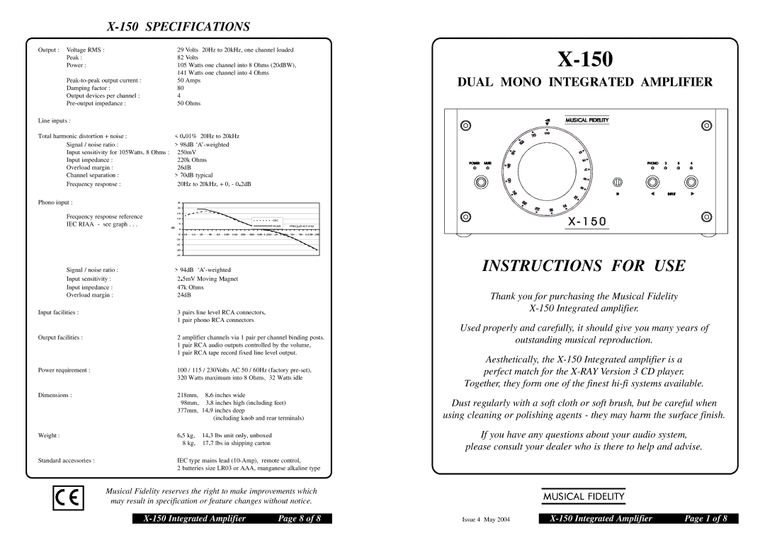 Musical Fidelity X-150 specifications 