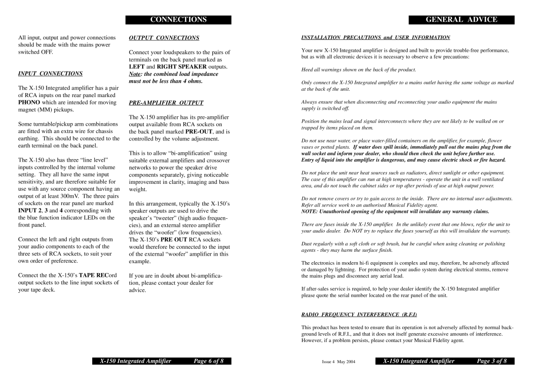 Musical Fidelity X-150 specifications Connections, General Advice 