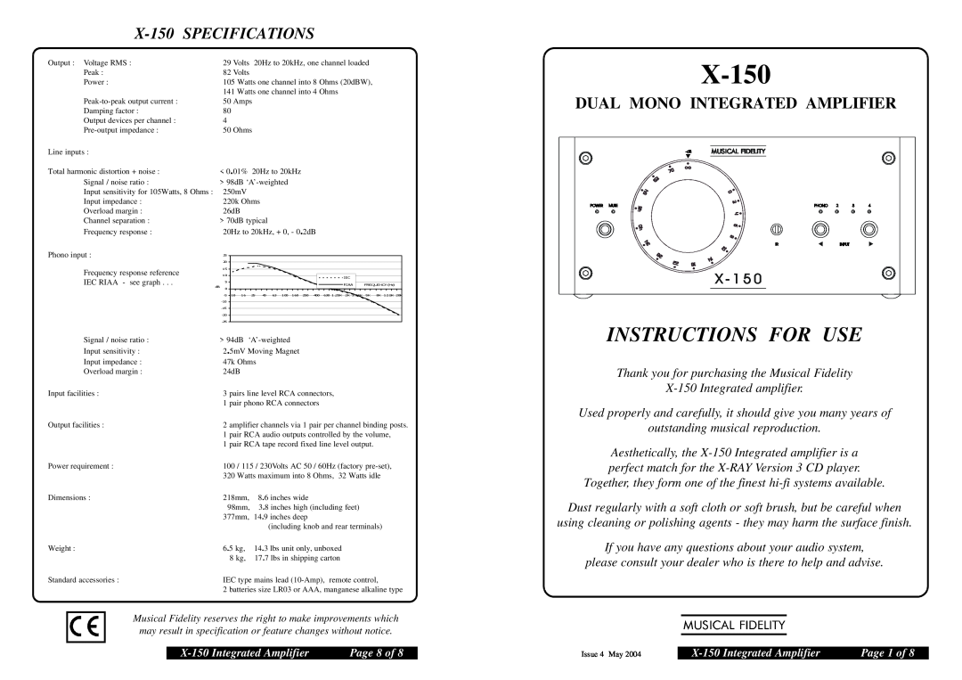 Musical Fidelity specifications X-150 Integrated Amplifier, Page 8 of, Page 1 of, Instructions For Use, Issue 4 May 