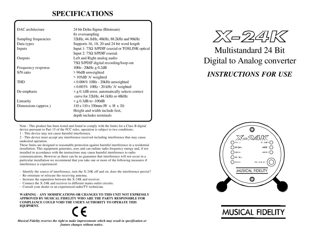 Musical Fidelity X-24K specifications Multistandard 24 Bit Digital to Analog converter, Specifications, Thd 