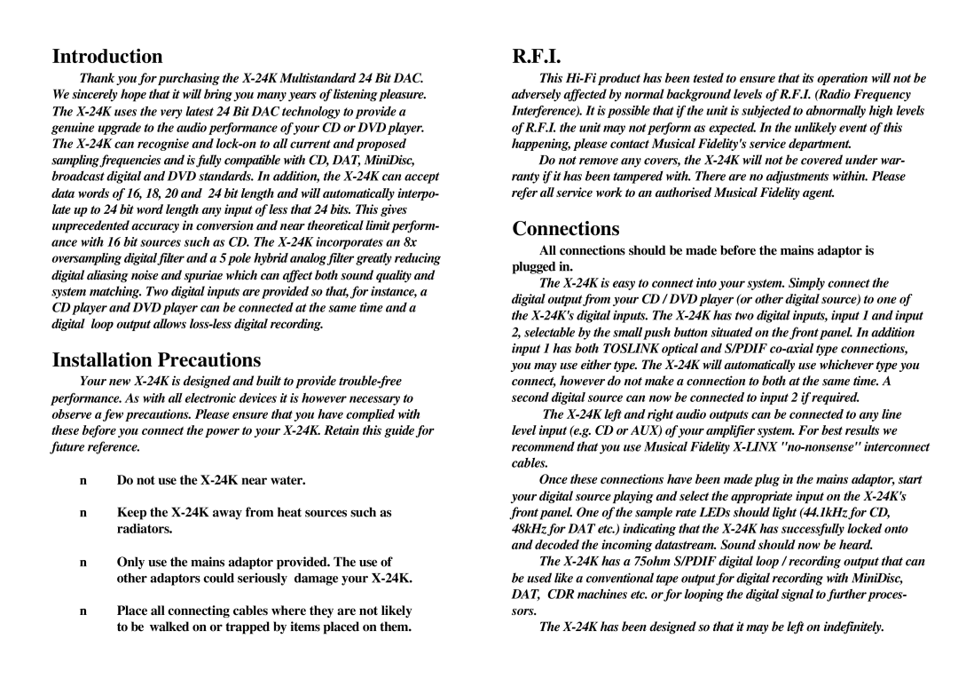 Musical Fidelity X-24K specifications Introduction, Installation Precautions, Connections 