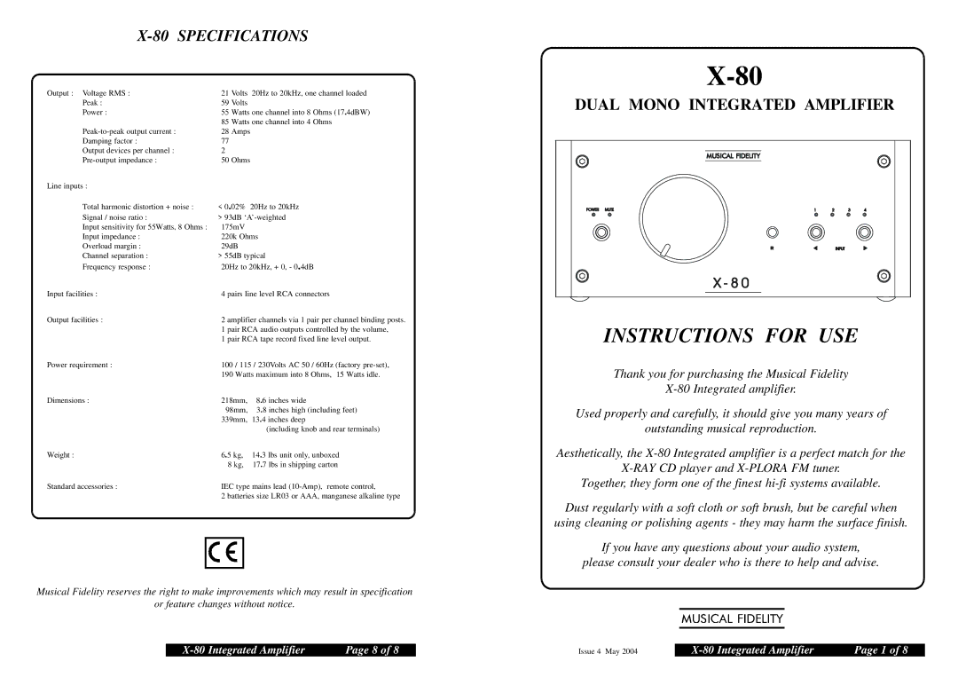 Musical Fidelity X-80 specifications Instructions for USE 