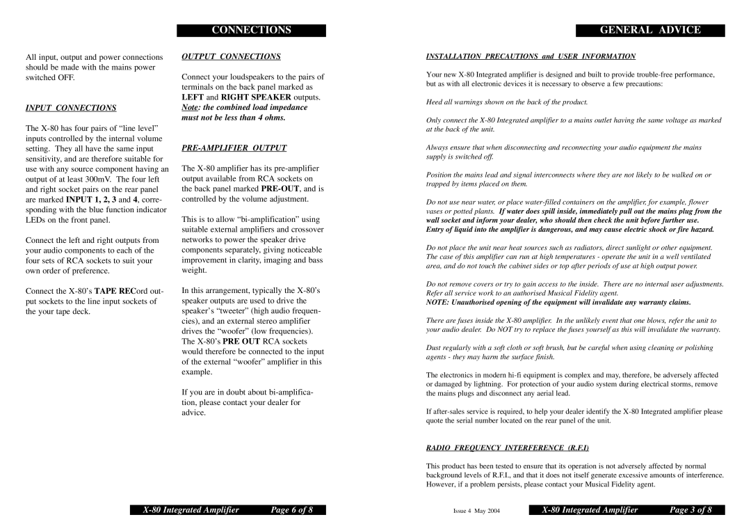 Musical Fidelity X-80 specifications Connections, General Advice 