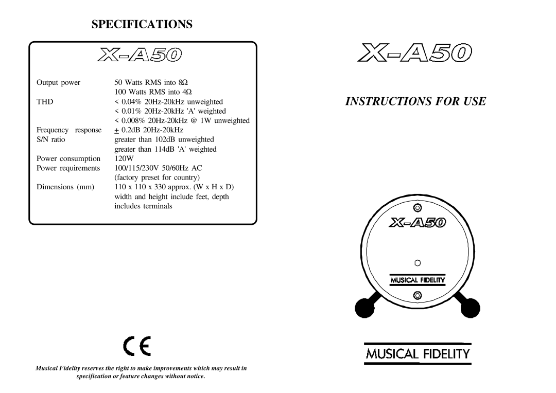 Musical Fidelity X-A50 specifications Specifications, Instructions for USE, Thd 