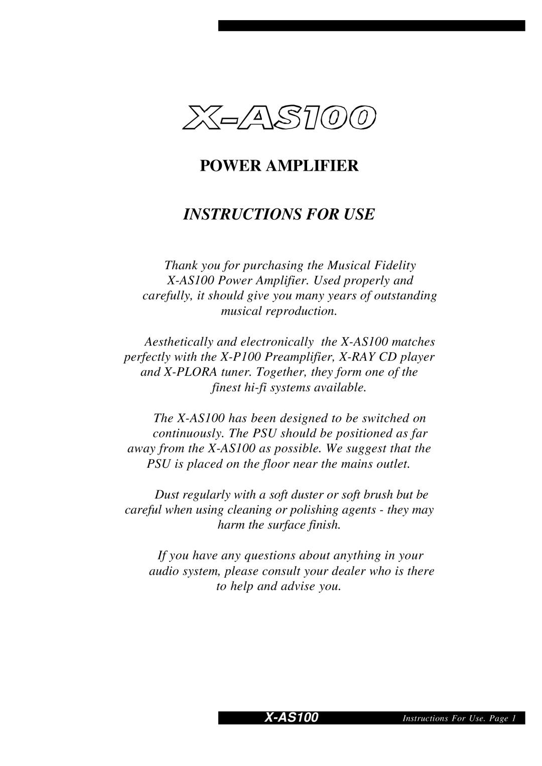 Musical Fidelity X-AS100 manual Power Amplifier, Instructions for USE 