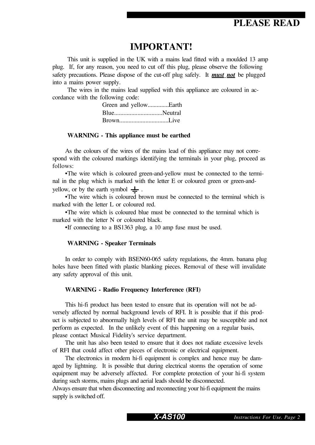 Musical Fidelity X-AS100 manual Please Read 