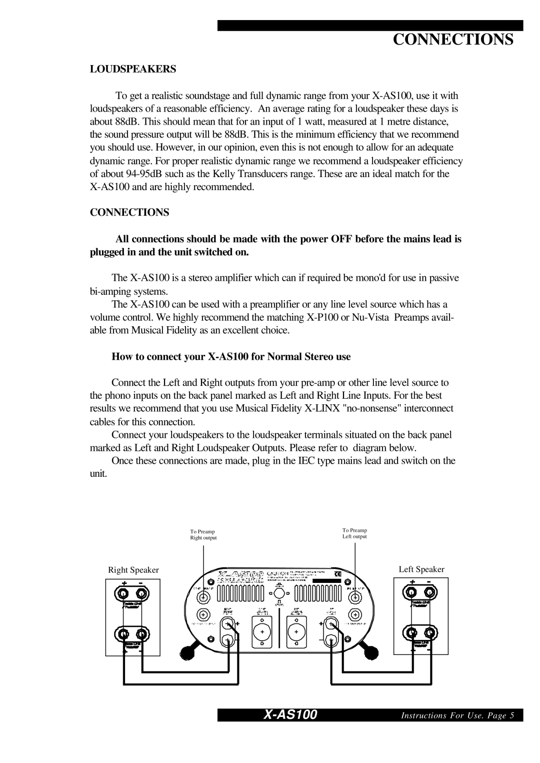 Musical Fidelity X-AS100 manual Connections, Loudspeakers 