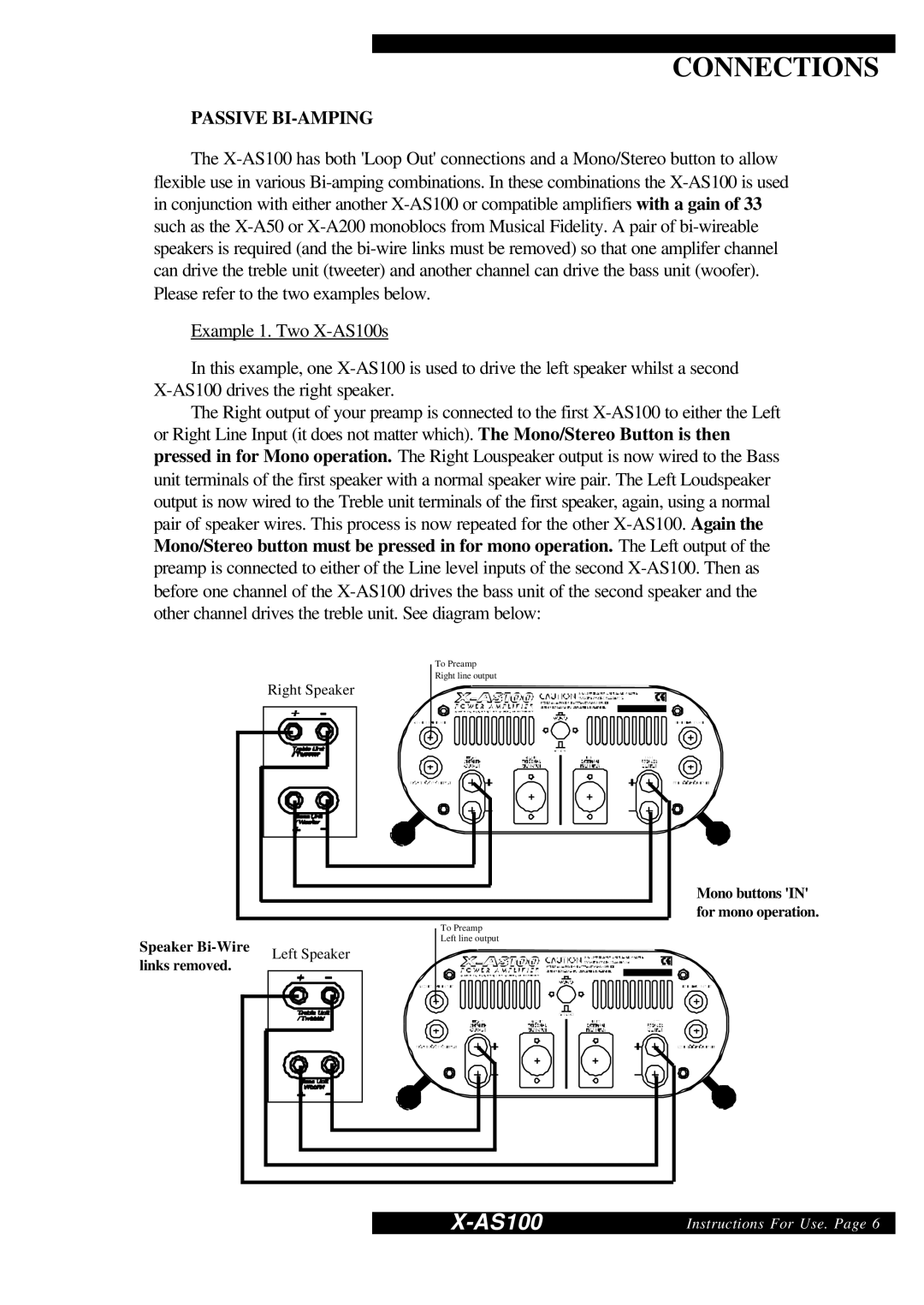 Musical Fidelity X-AS100 manual Passive BI-AMPING 