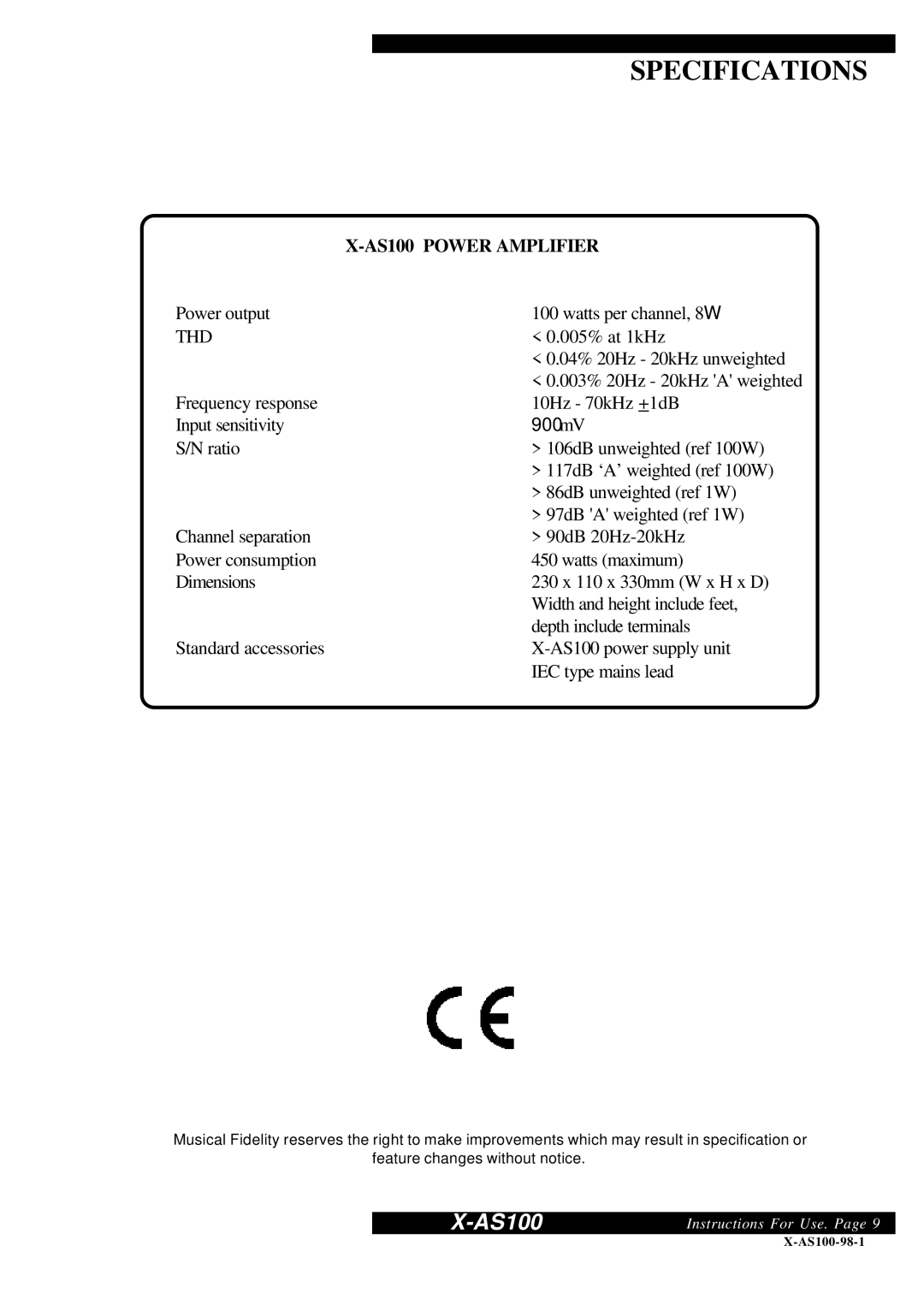 Musical Fidelity X-AS100 manual Specifications, AS100 Power Amplifier 