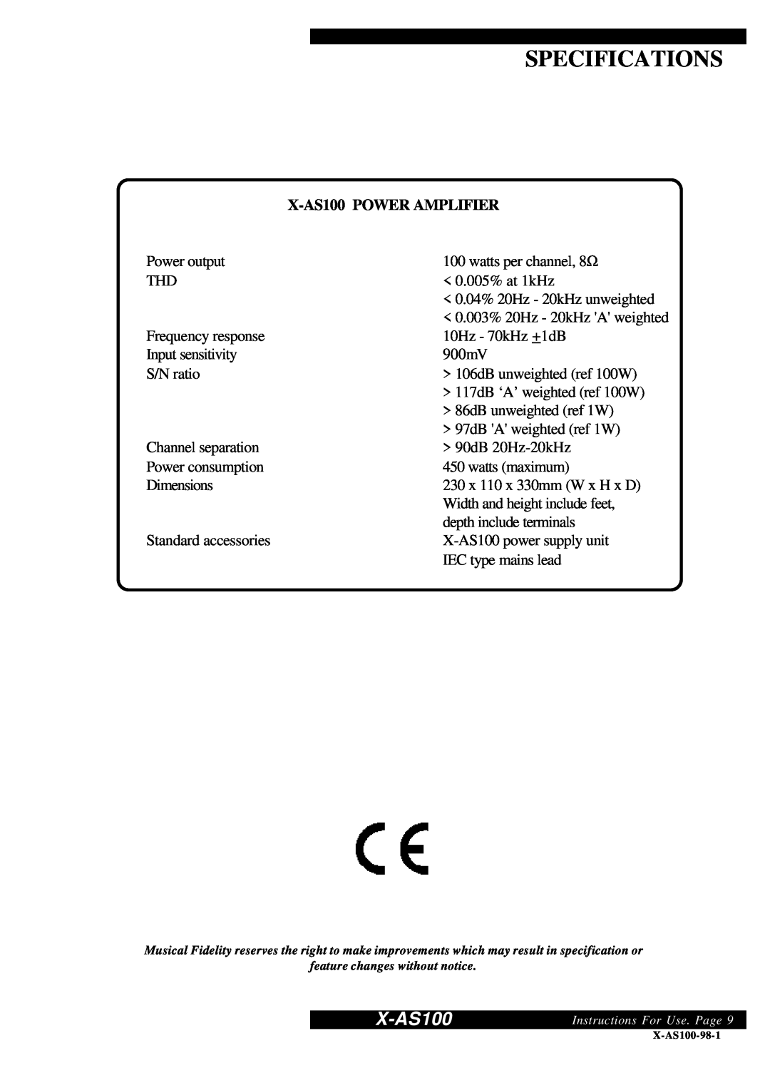 Musical Fidelity manual Specifications, X-AS100POWER AMPLIFIER 