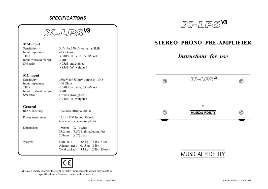 Musical Fidelity X-LPS V3 specifications Instructions for use, Specifications, MM input, MC input, General 