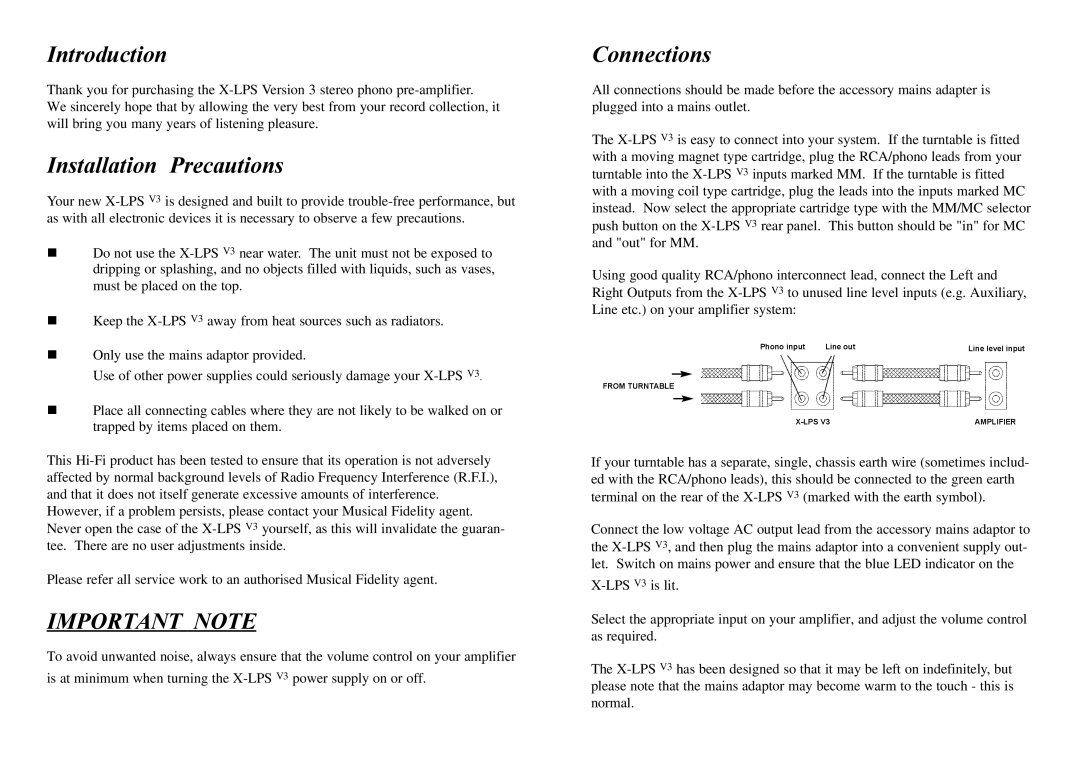 Musical Fidelity X-LPS V3 specifications Introduction, Installation Precautions, Important Note, Connections 