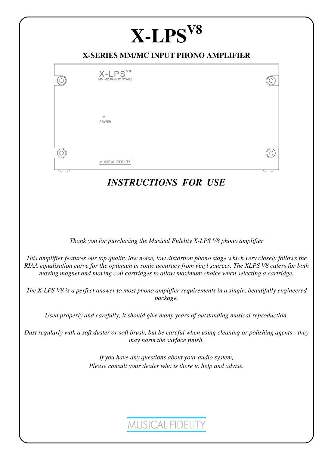 Musical Fidelity X-LPSV8 manual 