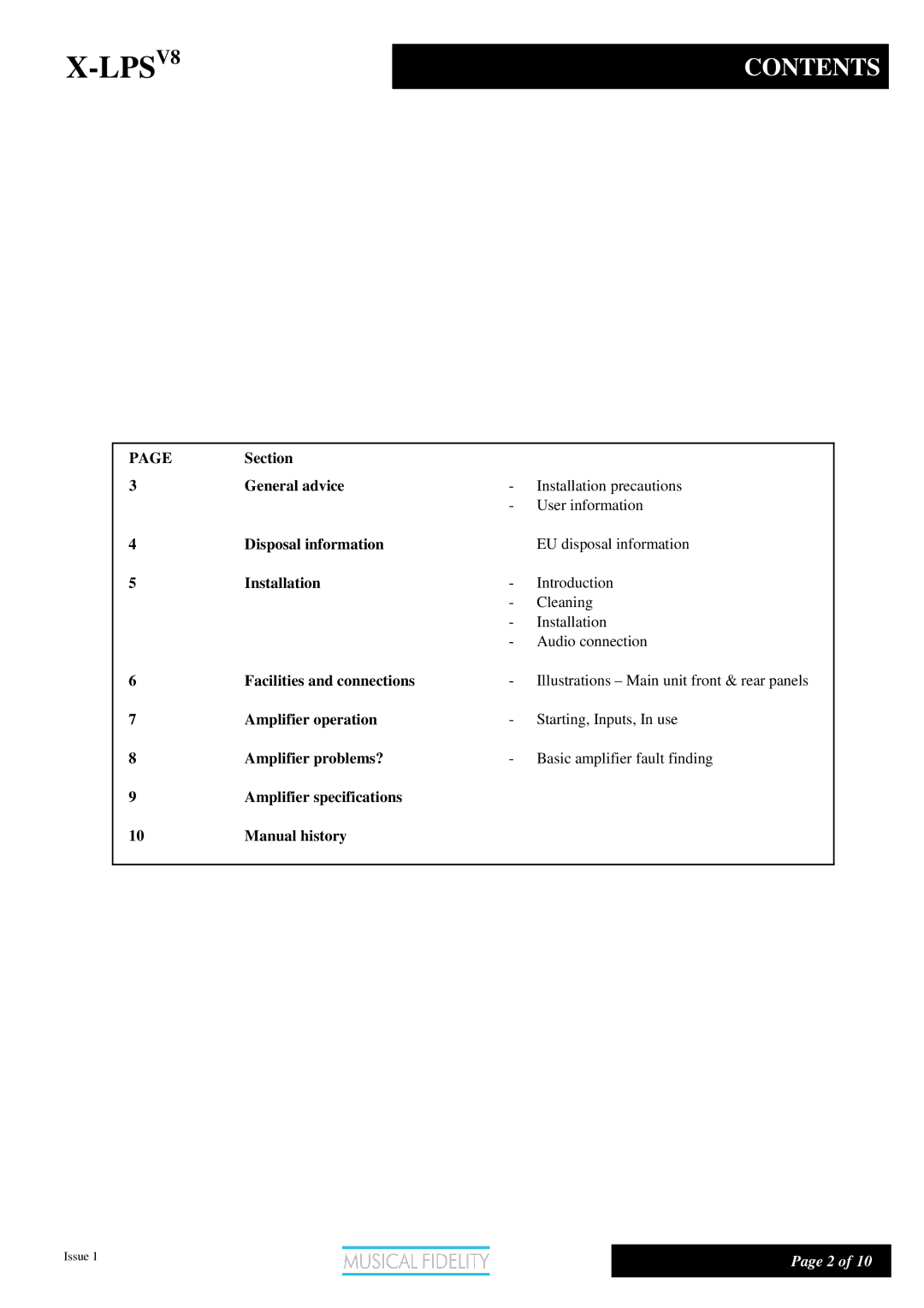 Musical Fidelity X-LPSV8 manual Lps, Contents 