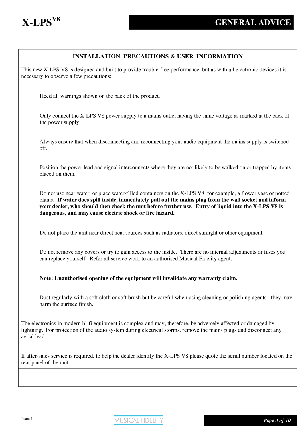 Musical Fidelity X-LPSV8 manual General Advice, Installation Precautions & User Information 