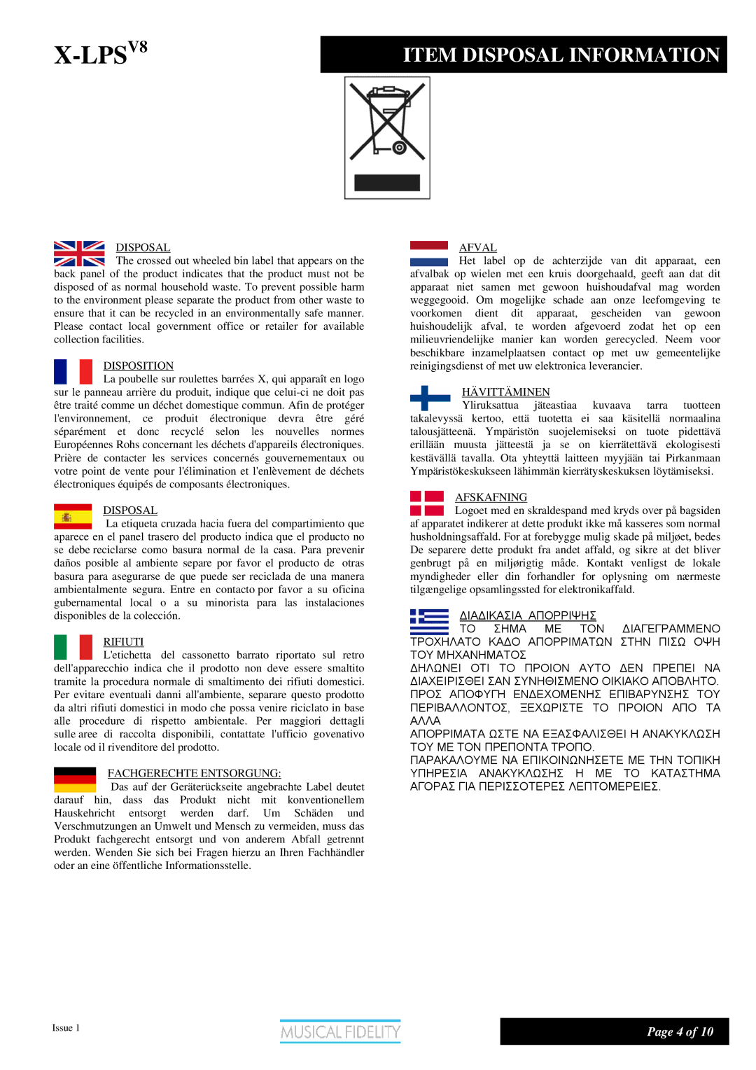 Musical Fidelity X-LPSV8 manual Item Disposal Information 