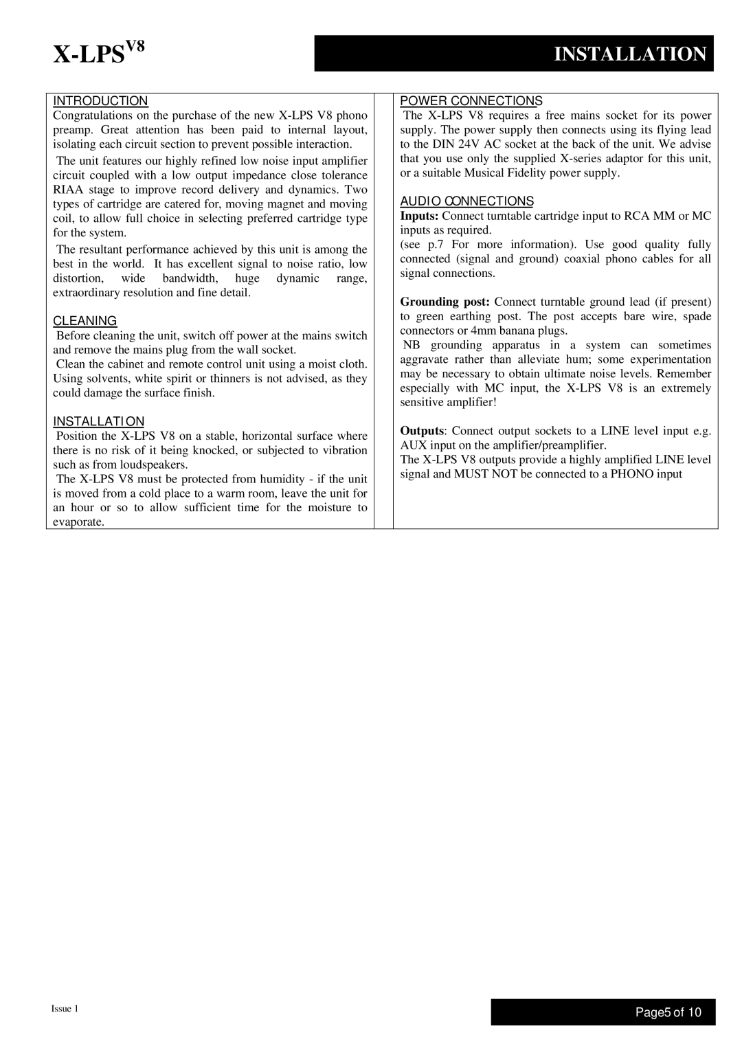 Musical Fidelity X-LPSV8 manual Installation, Introduction Power Connections 