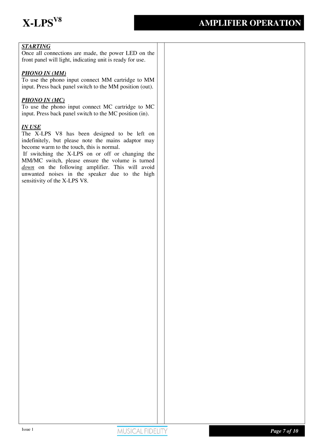 Musical Fidelity X-LPSV8 manual Amplifier Operation, Starting 